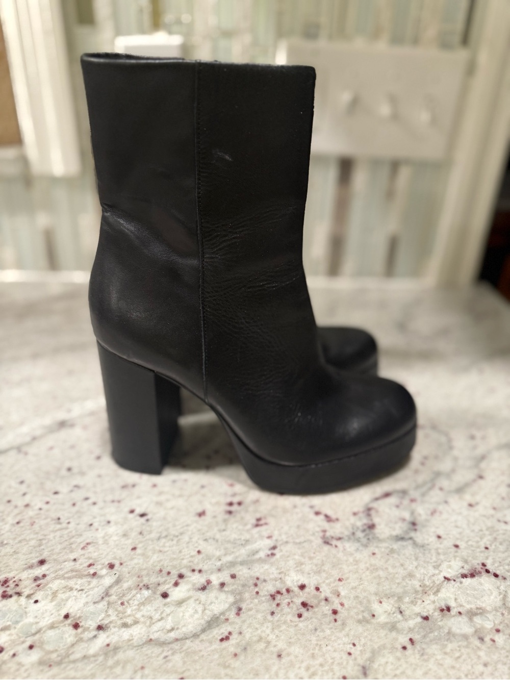 Zara Black Platform Leather Block Heel Ankle Boots